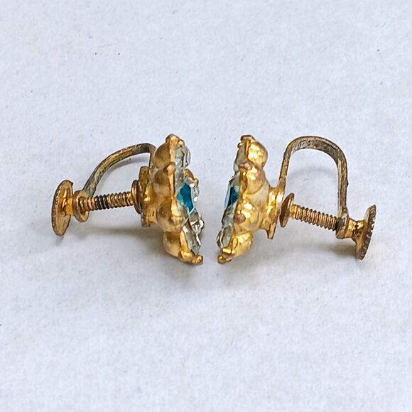 Vintage Rhinestone Flower Gold Tone Stud Screw Back Earrings-December Birthstone - Picture 3 of 8